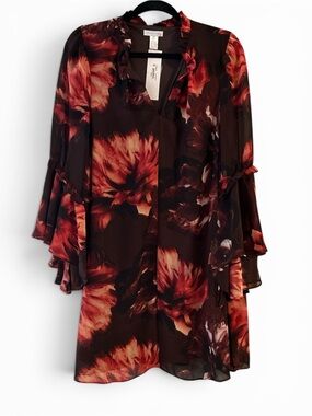 NWT London Times Dark Brown & Red Floral Ruffle Tunic